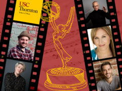Smiling faces of composers and musicians inside of film strips against an illustrated background featuring an Emmy Award statuette.