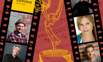 Smiling faces of composers and musicians inside of film strips against an illustrated background featuring an Emmy Award statuette.