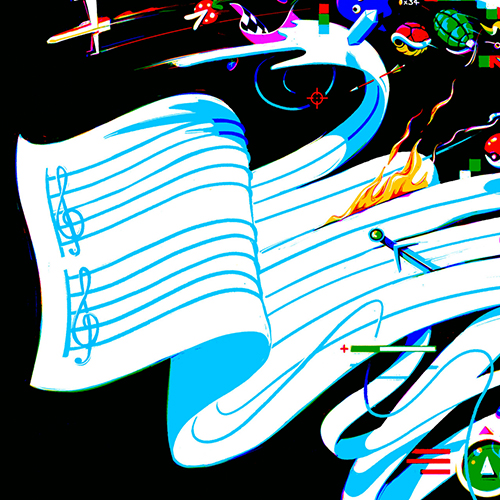 Illustration of a sheet of music covered with pixelated video game characters.
