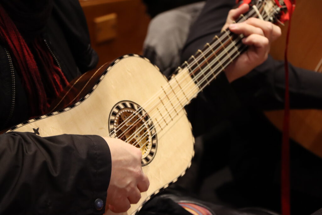 Performer plays a lute during a performance.