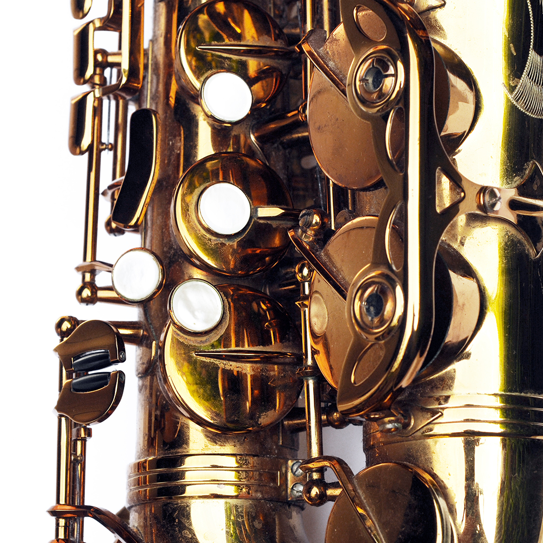 Close-up detail of a saxophone.
