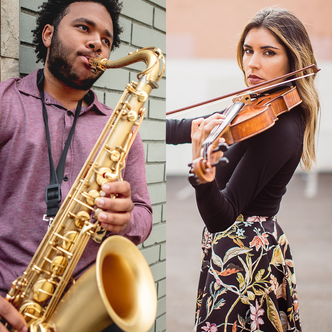 Split screen of saxophonist and violin player performing outdoors.