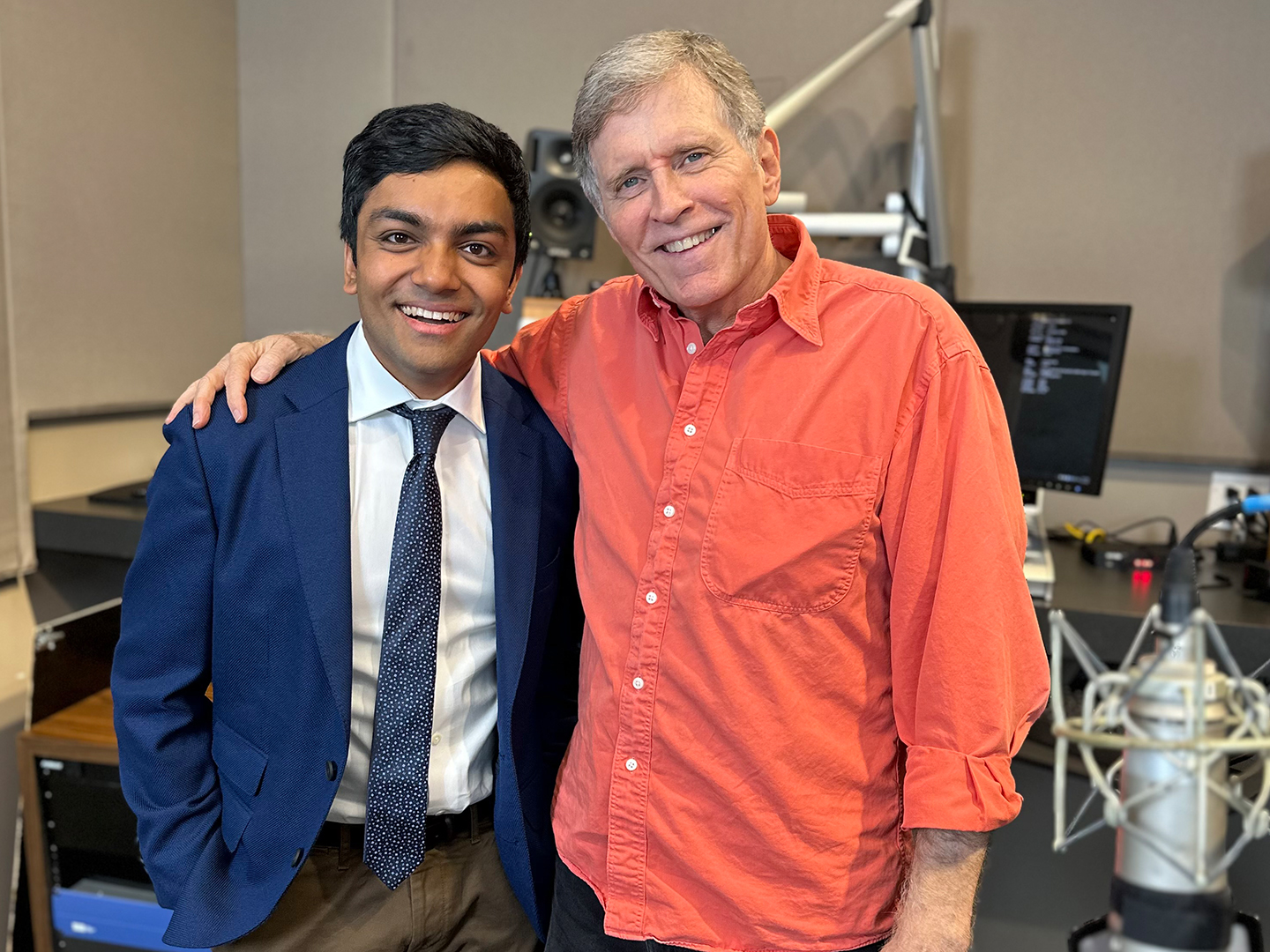 Radio host Suraj Partha and composer Frank Ticheli in the radio studio of KUSC. 