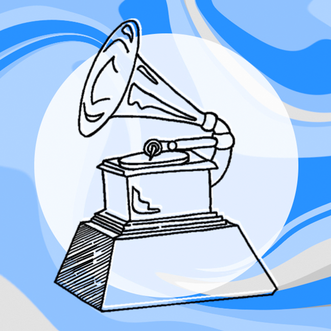 Blue illustration of a musical award statuette.