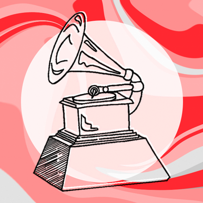Red illustration of a musical award statuette.