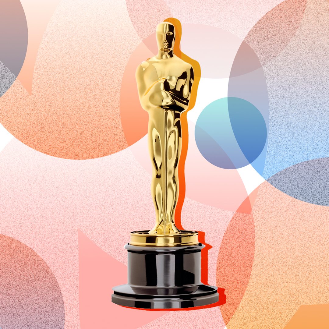 Illustration of an Academy Award against a multi-colored orange and blue background.