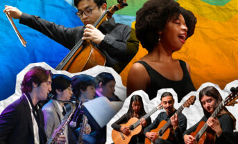 A collage of music students performing on stage.