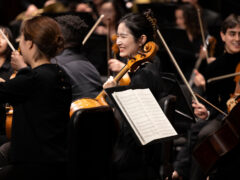 Photo of violin player in concert dress on stage.