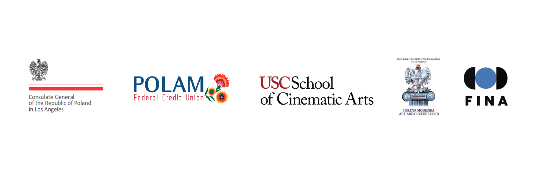 Logos for Consulate General of the Republic of Poland in Los Angeles, POLAM Federal Credit Union, USC School of Cinematic Arts, Helena Modjeska Art and Culture Club, and FINA