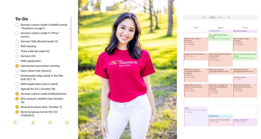 Photo of a smiling college student with a screenshot of two calendar screens on a computer.