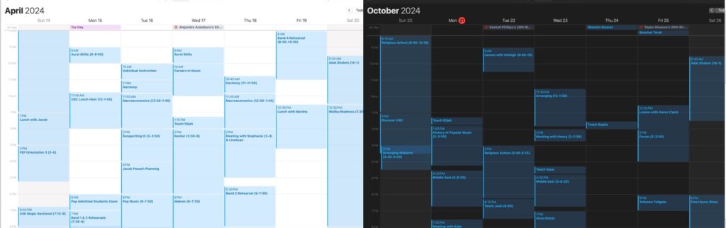 Screenshot of two calendar screens on a computer.