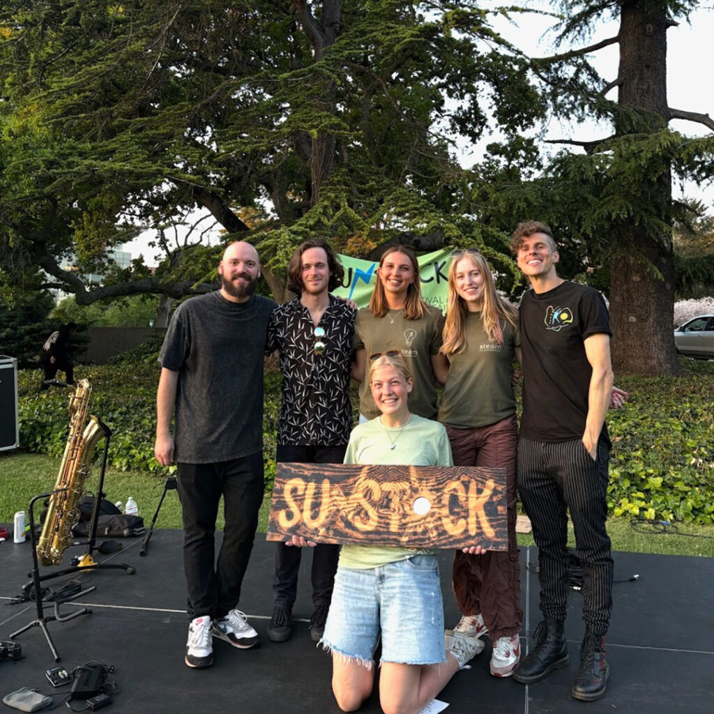 Trapdoor Social founded the Sunstock Solar Festival, which started in Los Angeles. UC Berkeley students, shown here with Trapdoor Social in April, now run the festival. (Credit: ASUC Sustainability Team)