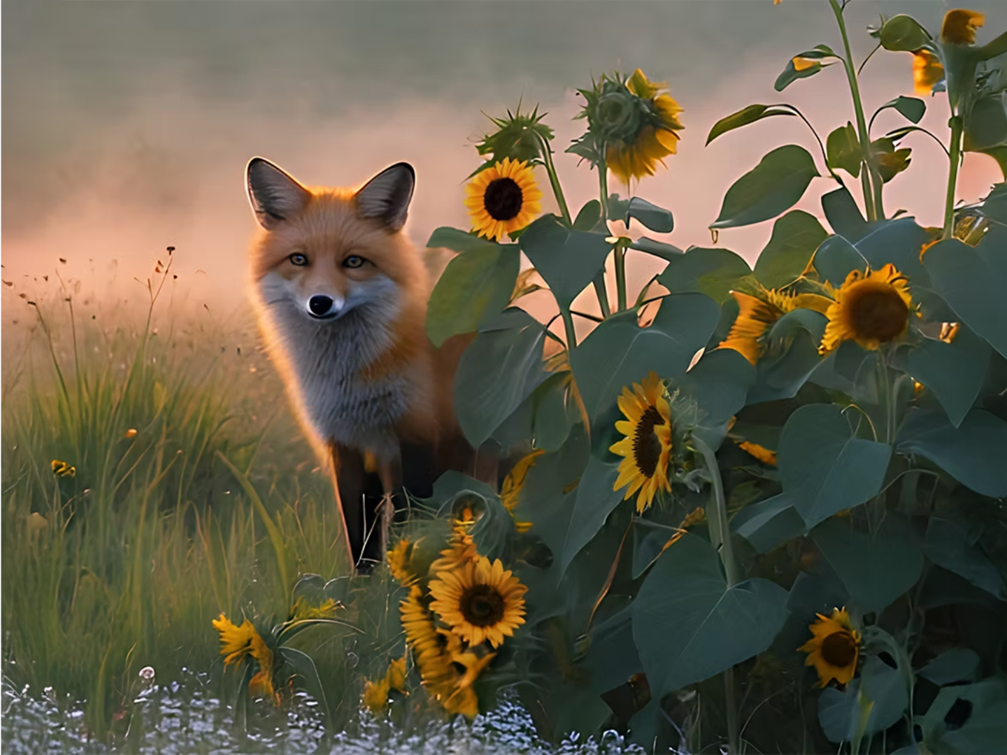 red fox amongst sunflowers