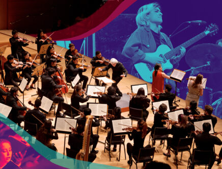 Photo of an orchestra performing on stage with illustrated elements surrounding it.