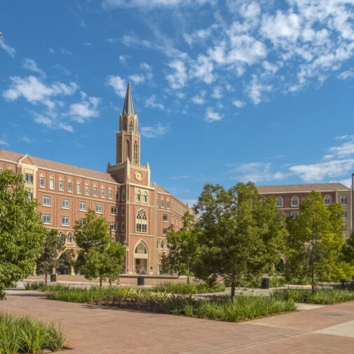 The USC Village in the afternoon sun.