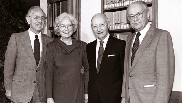 A group of four adults pose for a photo in 1985 at the USC Polish Music Center.
