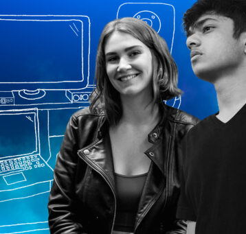 Blue graphic with pictures of two students in black and white