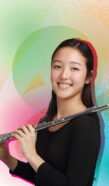 Photo of a music student in front of a colorful graphic background for the Classical ReDesign.