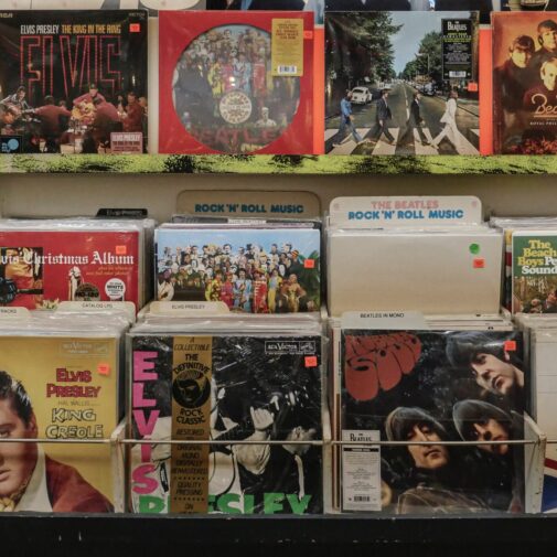 Image of classic rock records in a store.